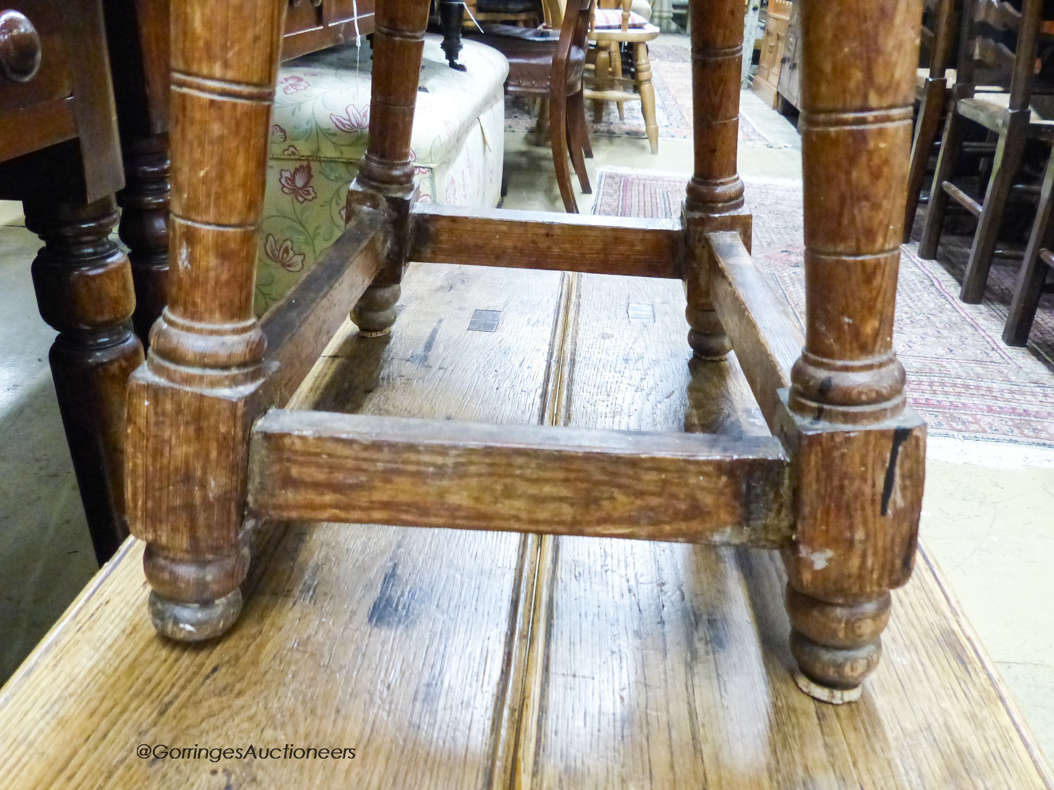 A pair of late 18th / early 19th century oak and elm benches, length 120cm, depth 22cm, height 43cm together with a pine joint stool